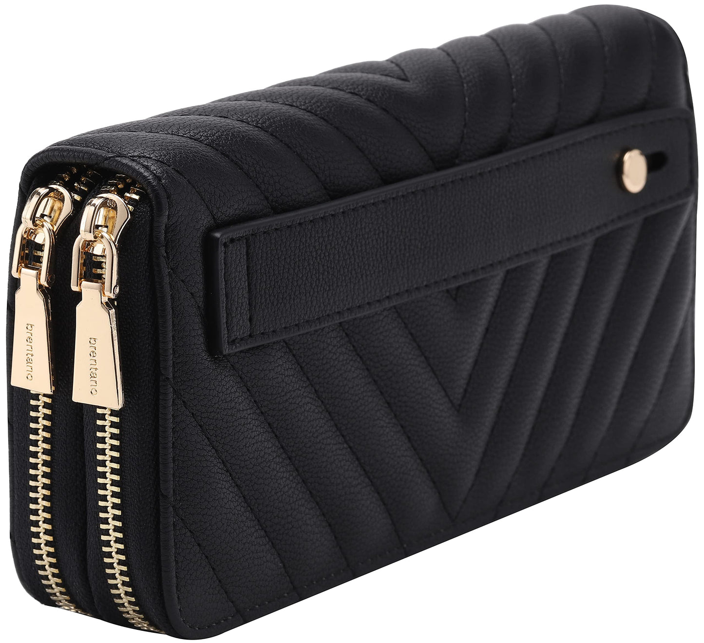 B BRENTANO Vegan Leather Double Zipper Pocket Wallet with Grip Hand Strap (Chevron Embroidered Blush)