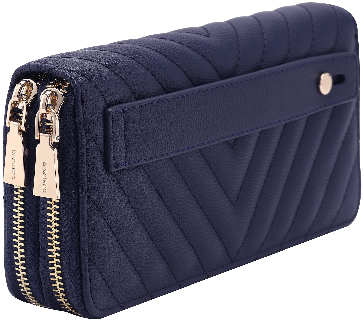 B BRENTANO Vegan Leather Double Zipper Pocket Wallet with Grip Hand Strap (Chevron Embroidered Blush)