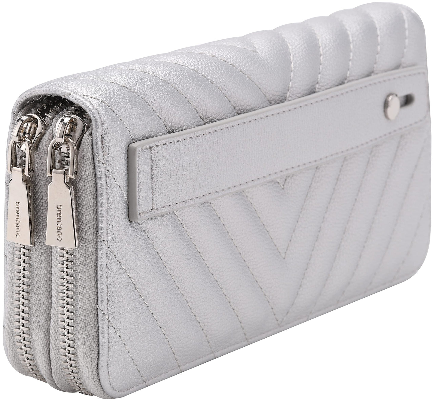 B BRENTANO Vegan Leather Double Zipper Pocket Wallet with Grip Hand Strap (Chevron Embroidered Blush)