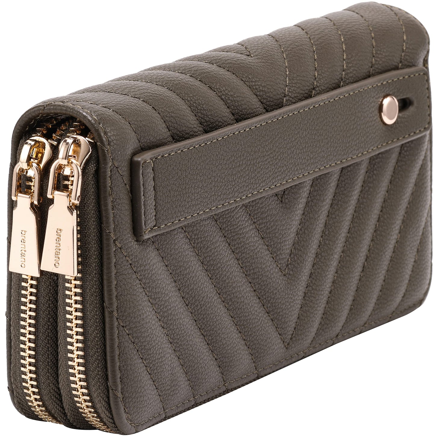B BRENTANO Vegan Leather Double Zipper Pocket Wallet with Grip Hand Strap (Chevron Embroidered Blush)