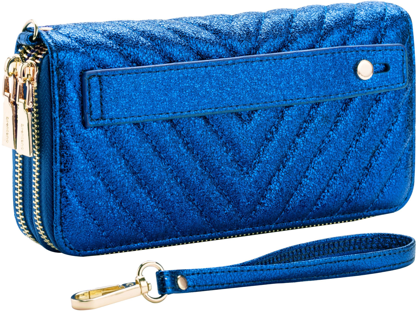 B BRENTANO Vegan Leather Double Zipper Pocket Wallet with Grip Hand Strap (Chevron Embroidered Blush)