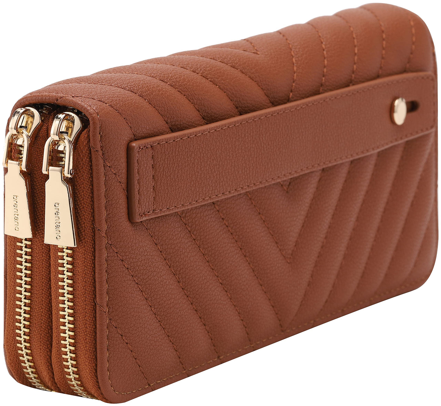 B BRENTANO Vegan Leather Double Zipper Pocket Wallet with Grip Hand Strap (Chevron Embroidered Blush)