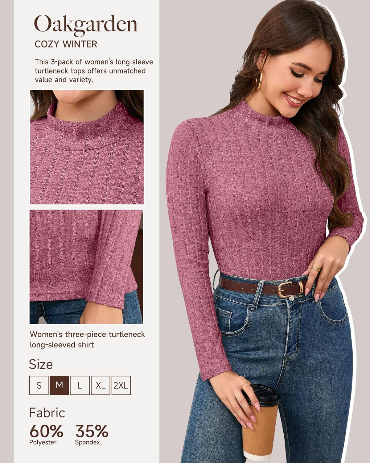 3 Pack Women's Mock Turtleneck Sweaters, Long Sleeve Ribbed Knit Tops, Fit Soft Thermal Underwear, Lightweight Fall Pullover