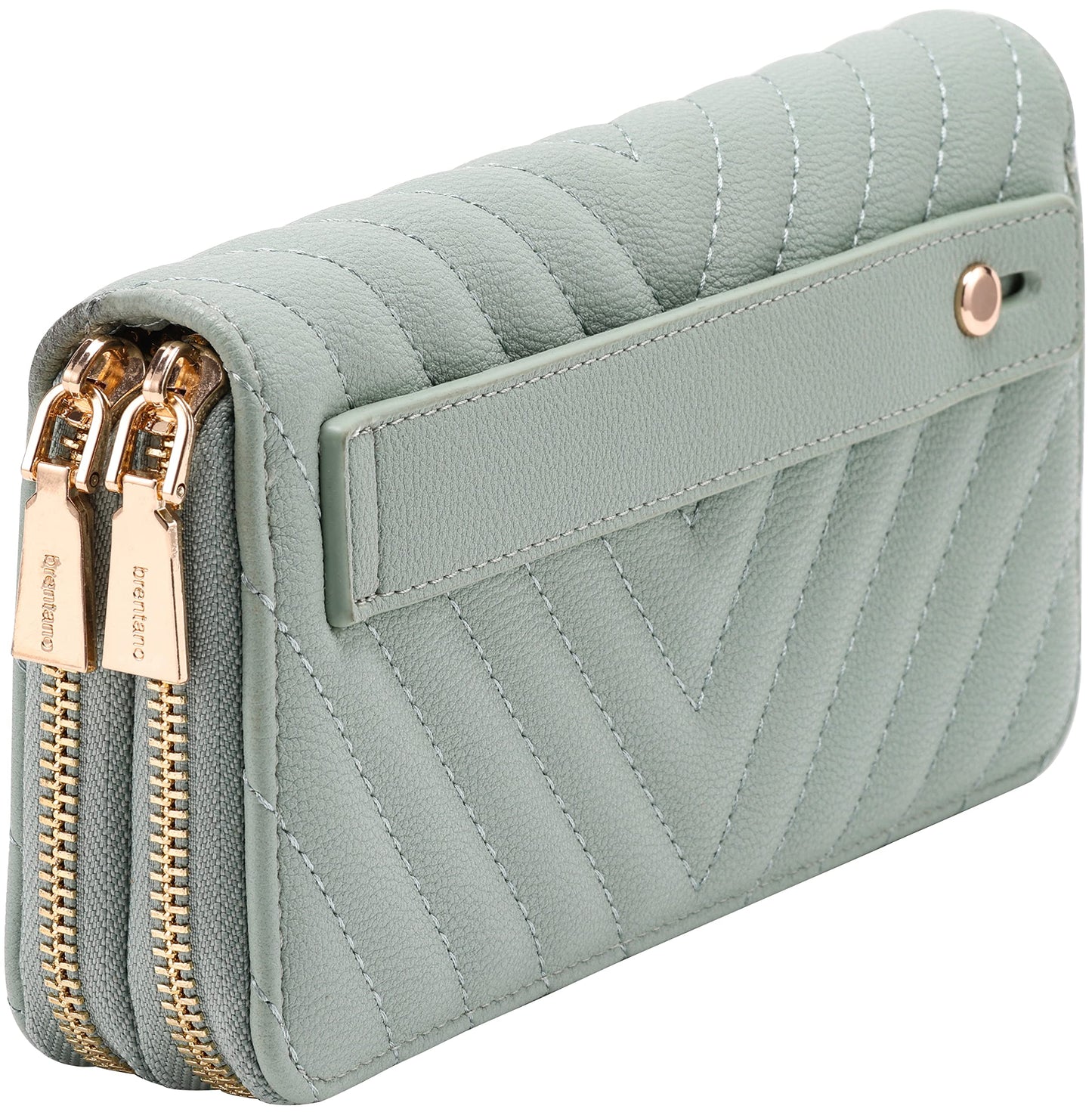 B BRENTANO Vegan Leather Double Zipper Pocket Wallet with Grip Hand Strap (Chevron Embroidered Blush)