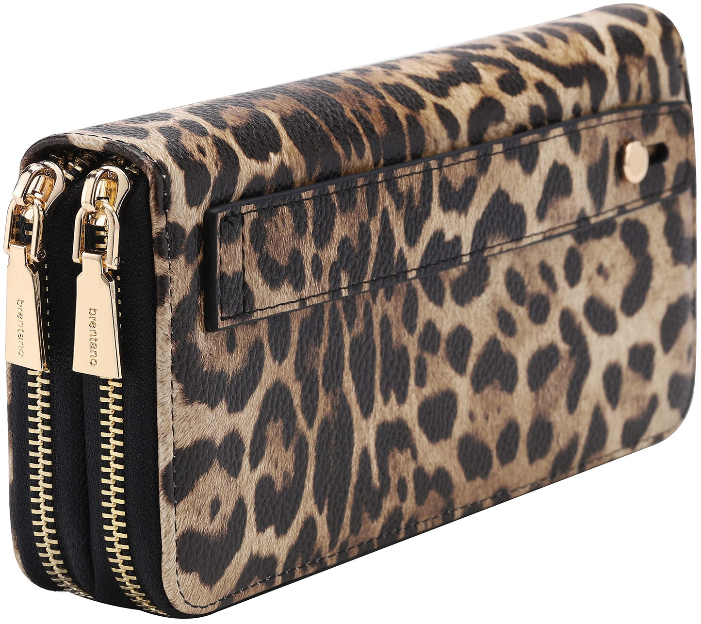 B BRENTANO Vegan Leather Double Zipper Pocket Wallet with Grip Hand Strap (Chevron Embroidered Blush)