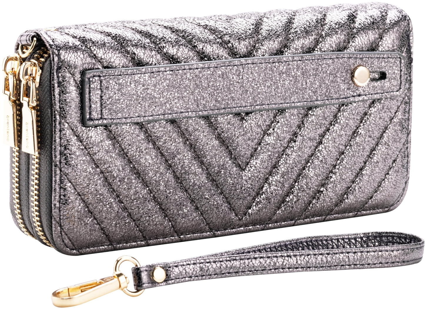 B BRENTANO Vegan Leather Double Zipper Pocket Wallet with Grip Hand Strap (Chevron Embroidered Blush)
