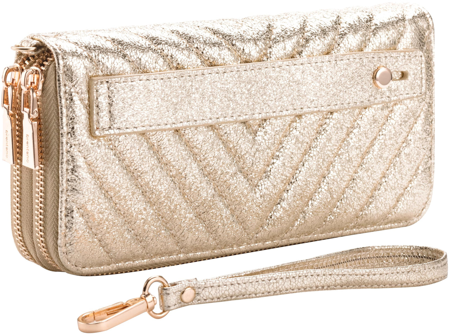B BRENTANO Vegan Leather Double Zipper Pocket Wallet with Grip Hand Strap (Chevron Embroidered Blush)