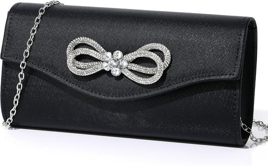 Gurina Evening Clutch Purses for Women Formal Party Clutch Bags Cocktail Prom Shoulder Handbags Shiny Crystal Bow Flap Purses