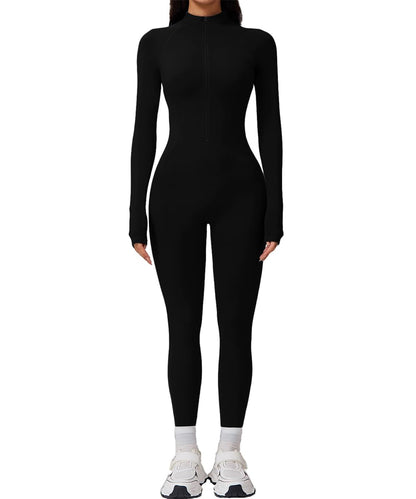 AEEZO Womens Long Sleeve Workout Jumpsuit Zip Up Yoga Rompers Sexy Tummy Control One Piece Bodycon Bottom Pants