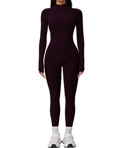 AEEZO Womens Long Sleeve Workout Jumpsuit Zip Up Yoga Rompers Sexy Tummy Control One Piece Bodycon Bottom Pants