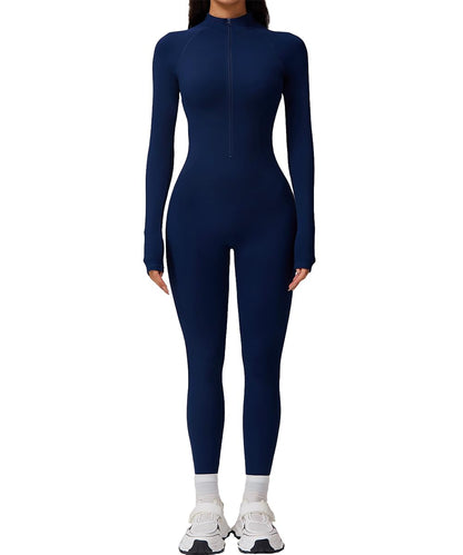 AEEZO Womens Long Sleeve Workout Jumpsuit Zip Up Yoga Rompers Sexy Tummy Control One Piece Bodycon Bottom Pants