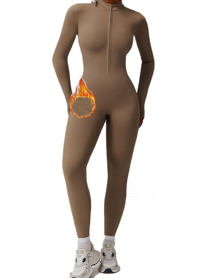 AEEZO Womens Long Sleeve Workout Jumpsuit Zip Up Yoga Rompers Sexy Tummy Control One Piece Bodycon Bottom Pants