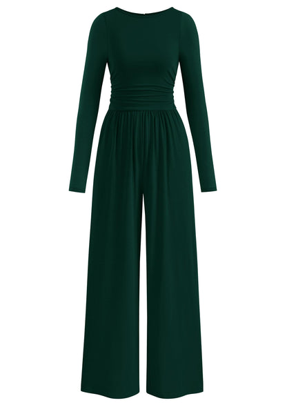 PRETTYGARDEN One Piece Jumpsuits for Women Dressy Casual Long Sleeve Crewneck Wide Leg Romper Overalls Fall Outfits 2025