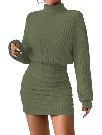 Women's Pullover Sweater Dress Long Lantern Sleeve Turtle Neck Cute Ribbed Knit Bodycon Mini Short Dress 2025 Fall