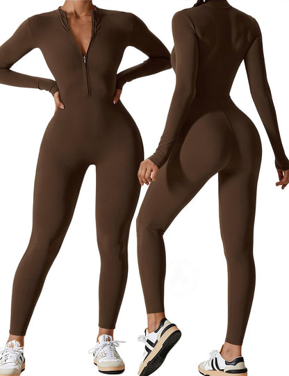 AEEZO Womens Long Sleeve Workout Jumpsuit Zip Up Yoga Rompers Sexy Tummy Control One Piece Bodycon Bottom Pants