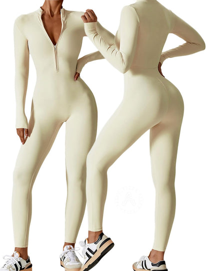 AEEZO Womens Long Sleeve Workout Jumpsuit Zip Up Yoga Rompers Sexy Tummy Control One Piece Bodycon Bottom Pants