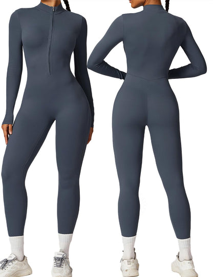 AEEZO Womens Long Sleeve Workout Jumpsuit Zip Up Yoga Rompers Sexy Tummy Control One Piece Bodycon Bottom Pants