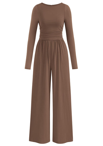 PRETTYGARDEN One Piece Jumpsuits for Women Dressy Casual Long Sleeve Crewneck Wide Leg Romper Overalls Fall Outfits 2025