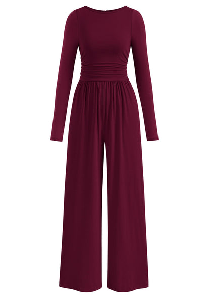 PRETTYGARDEN One Piece Jumpsuits for Women Dressy Casual Long Sleeve Crewneck Wide Leg Romper Overalls Fall Outfits 2025