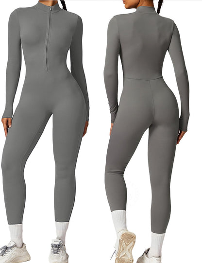 AEEZO Womens Long Sleeve Workout Jumpsuit Zip Up Yoga Rompers Sexy Tummy Control One Piece Bodycon Bottom Pants