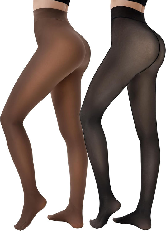 HONGTEYA 2 Pairs Fleece Lined Tights Women - Warm Sheer Pantyhose Fake Translucent Tights Winter Thermal Leggings