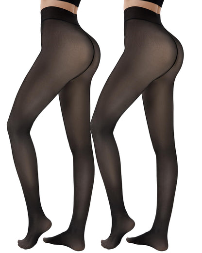 HONGTEYA 2 Pairs Fleece Lined Tights Women - Warm Sheer Pantyhose Fake Translucent Tights Winter Thermal Leggings