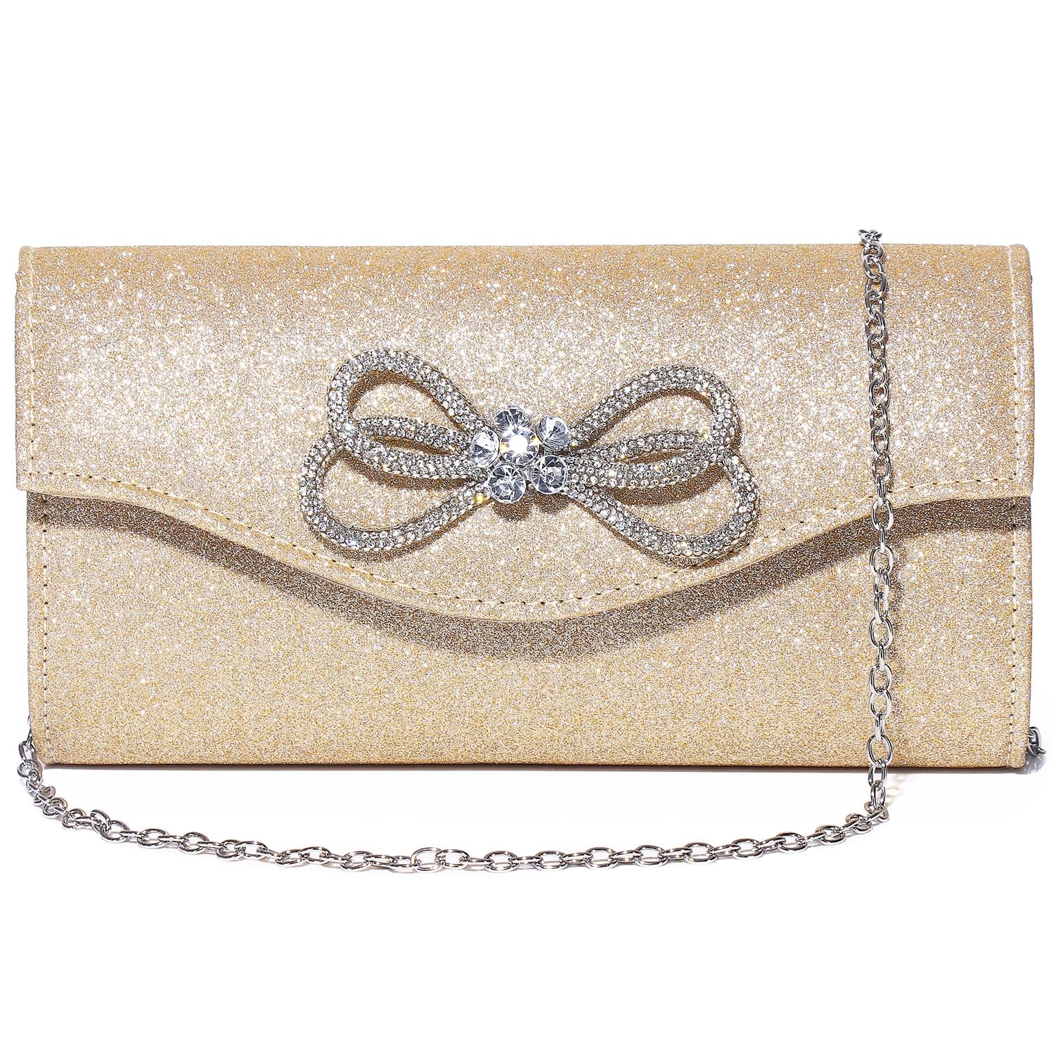Gurina Evening Clutch Purses for Women Formal Party Clutch Bags Cocktail Prom Shoulder Handbags Shiny Crystal Bow Flap Purses