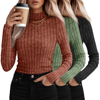 3 Pack Women's Mock Turtleneck Sweaters, Long Sleeve Ribbed Knit Tops, Fit Soft Thermal Underwear, Lightweight Fall Pullover