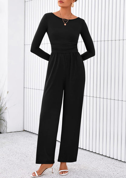 PRETTYGARDEN One Piece Jumpsuits for Women Dressy Casual Long Sleeve Crewneck Wide Leg Romper Overalls Fall Outfits 2025