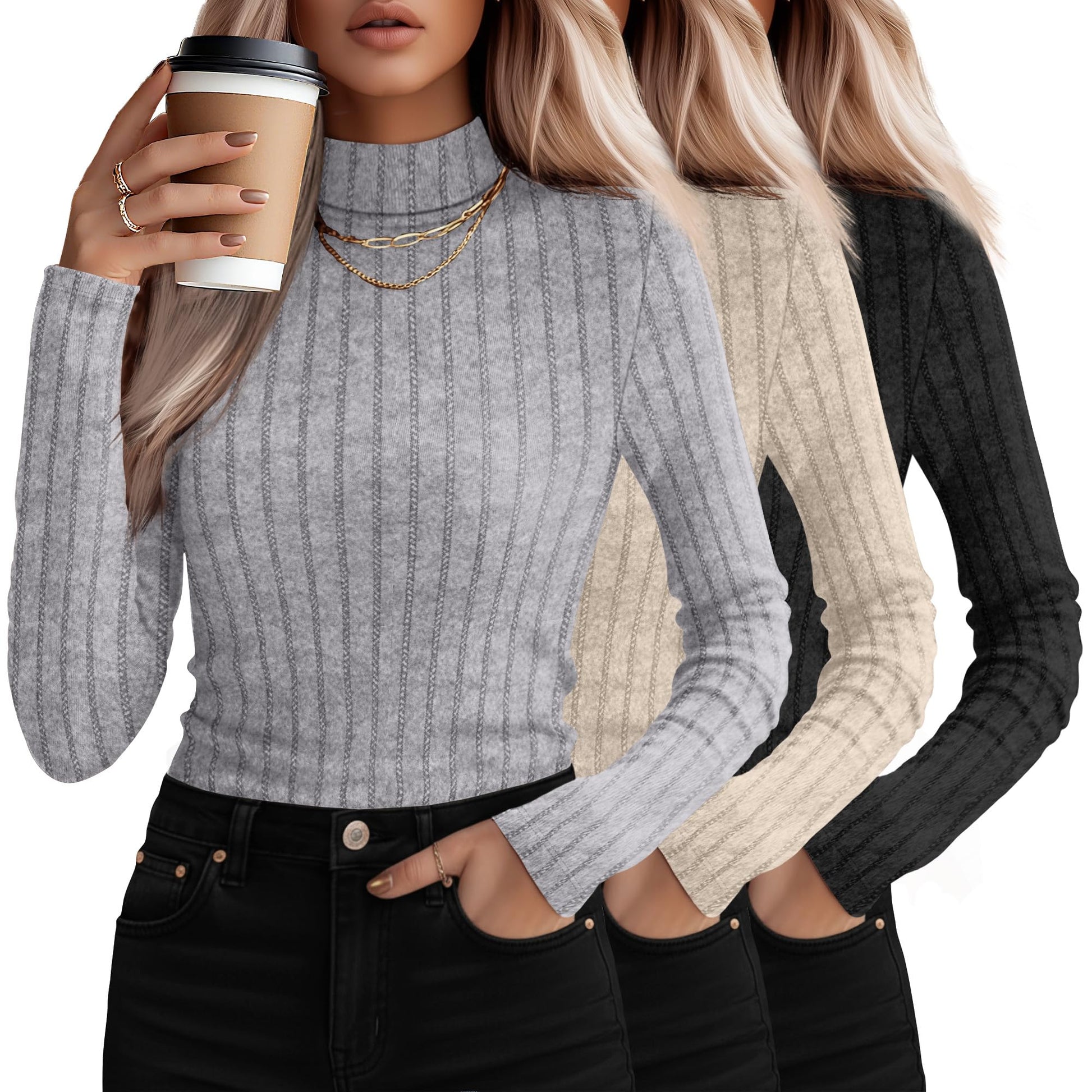 3 Pack Women's Mock Turtleneck Sweaters, Long Sleeve Ribbed Knit Tops, Fit Soft Thermal Underwear, Lightweight Fall Pullover
