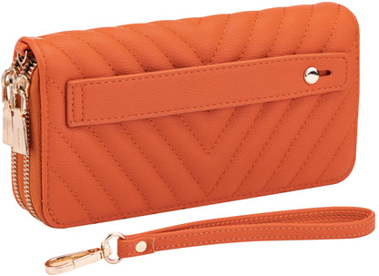 B BRENTANO Vegan Leather Double Zipper Pocket Wallet with Grip Hand Strap (Chevron Embroidered Blush)