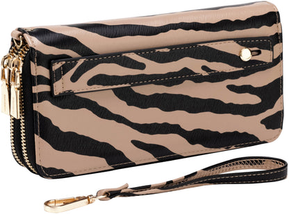 B BRENTANO Vegan Leather Double Zipper Pocket Wallet with Grip Hand Strap (Chevron Embroidered Blush)