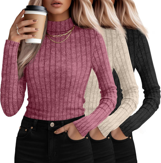 3 Pack Women's Mock Turtleneck Sweaters, Long Sleeve Ribbed Knit Tops, Fit Soft Thermal Underwear, Lightweight Fall Pullover