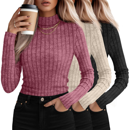 3 Pack Women's Mock Turtleneck Sweaters, Long Sleeve Ribbed Knit Tops, Fit Soft Thermal Underwear, Lightweight Fall Pullover