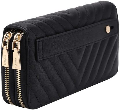 B BRENTANO Vegan Leather Double Zipper Pocket Wallet with Grip Hand Strap (Chevron Embroidered Blush)