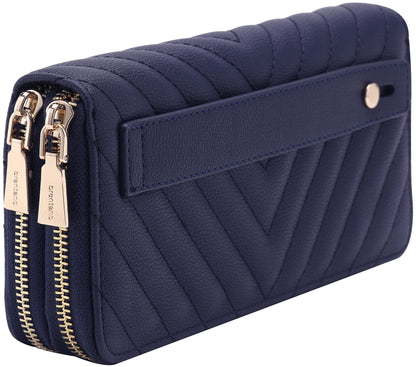 B BRENTANO Vegan Leather Double Zipper Pocket Wallet with Grip Hand Strap (Chevron Embroidered Blush)