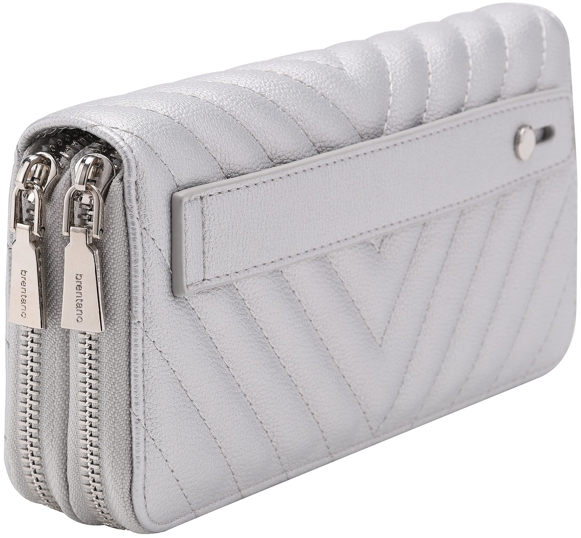 B BRENTANO Vegan Leather Double Zipper Pocket Wallet with Grip Hand Strap (Chevron Embroidered Blush)