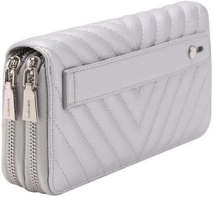 B BRENTANO Vegan Leather Double Zipper Pocket Wallet with Grip Hand Strap (Chevron Embroidered Blush)