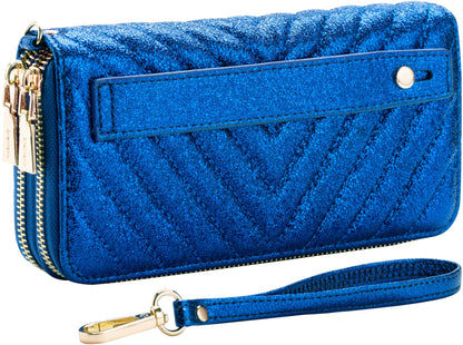 B BRENTANO Vegan Leather Double Zipper Pocket Wallet with Grip Hand Strap (Chevron Embroidered Blush)