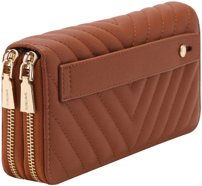 B BRENTANO Vegan Leather Double Zipper Pocket Wallet with Grip Hand Strap (Chevron Embroidered Blush)