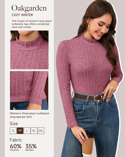 3 Pack Women's Mock Turtleneck Sweaters, Long Sleeve Ribbed Knit Tops, Fit Soft Thermal Underwear, Lightweight Fall Pullover