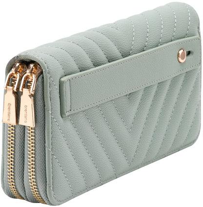 B BRENTANO Vegan Leather Double Zipper Pocket Wallet with Grip Hand Strap (Chevron Embroidered Blush)