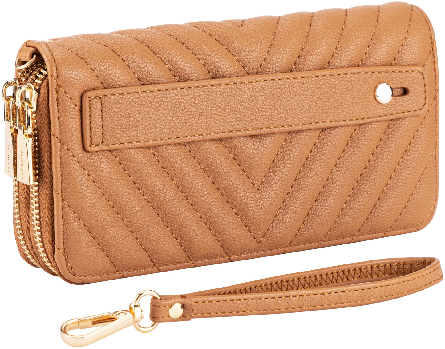 B BRENTANO Vegan Leather Double Zipper Pocket Wallet with Grip Hand Strap (Chevron Embroidered Blush)