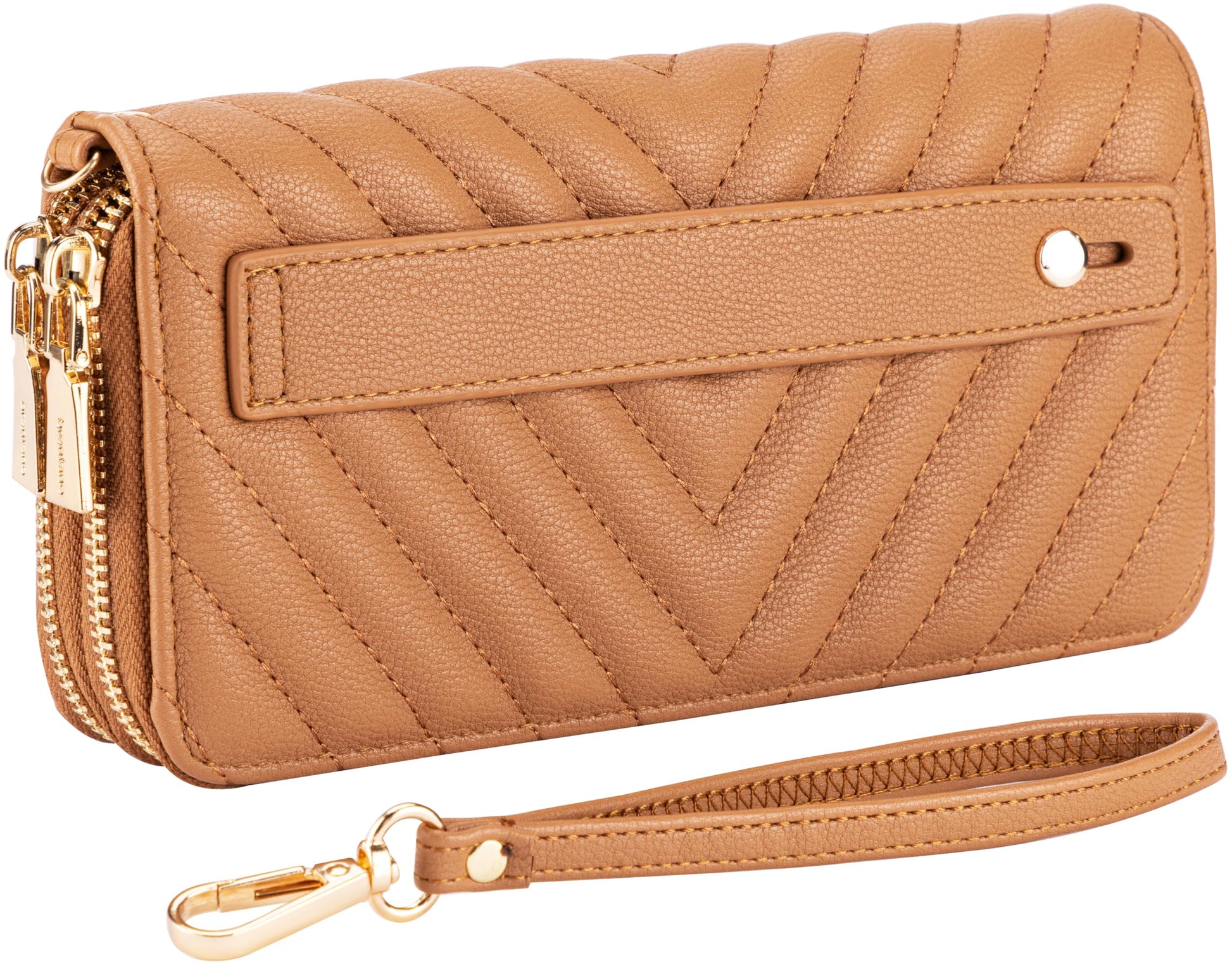 B BRENTANO Vegan Leather Double Zipper Pocket Wallet with Grip Hand Strap (Chevron Embroidered Blush)