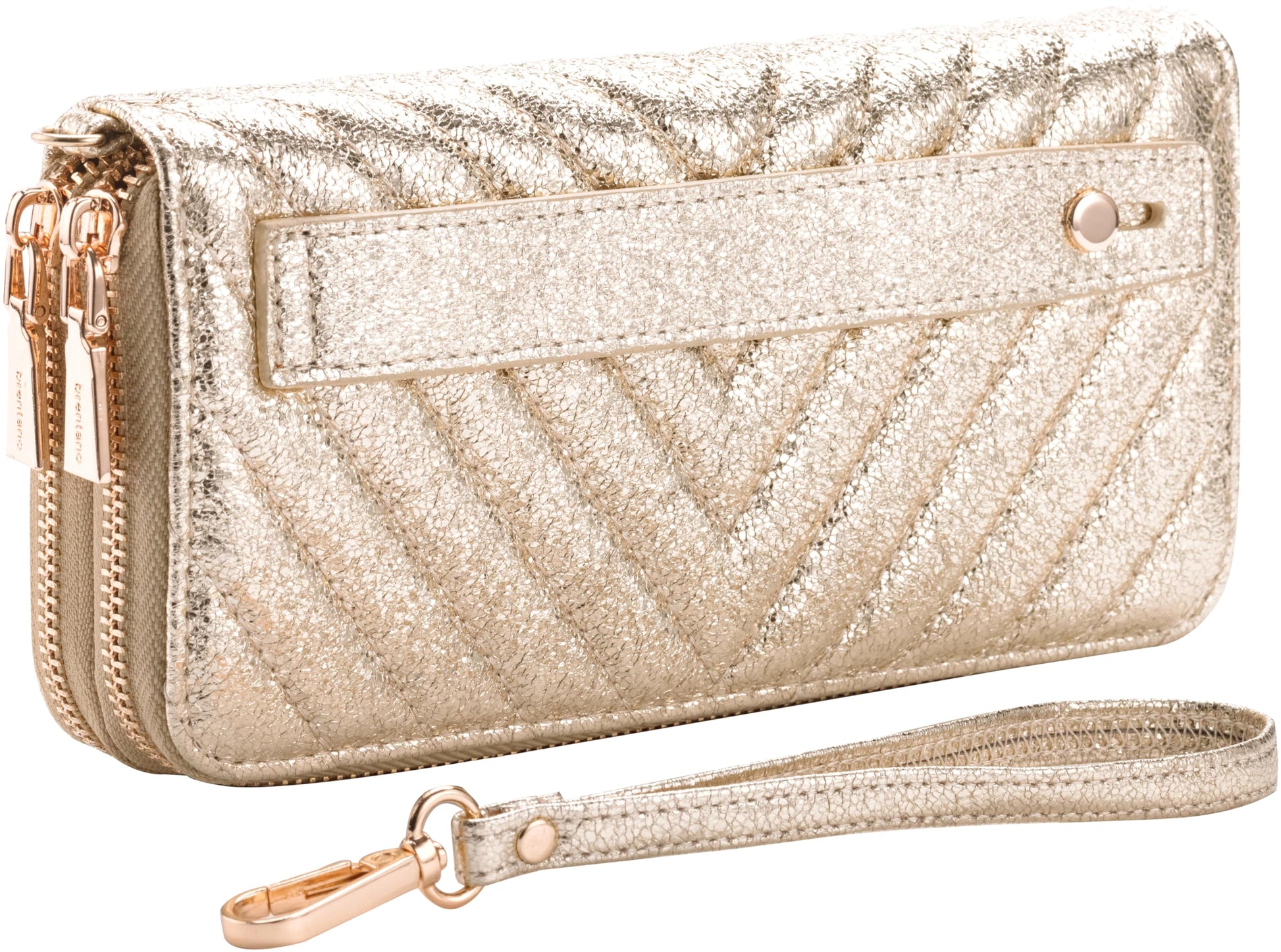 B BRENTANO Vegan Leather Double Zipper Pocket Wallet with Grip Hand Strap (Chevron Embroidered Blush)